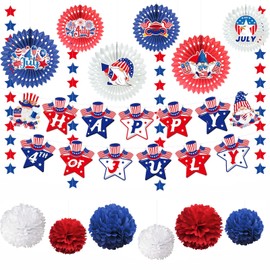 Fenyluxe 4th of July Party Decorations, Red White and Blue Decor Set with Banner, Paper Fans, Pom Poms & Star Streamers,Patriotic Decorations for Independence Day Outdoor Home Office or Mantel