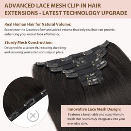 TESS Clip-In Real Hair Extensions, 7 Pieces, 120 g, 16 Clip-In Hair Extensions, Lace Net, Remy Extensions, 50 cm, 1B# Natural Black