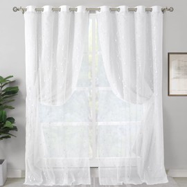 BGment Pure White Room Darkening Curtains 90 inch with Sheer Overlay for Bedroom, Double Layer Silver Printed Grommet Thermal Insulated Nursery Curtains for Living Room, 2 Panels 52 x 90 Inch