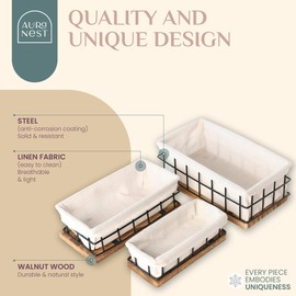 Aura Nest - Set of 3 Decorative Basket Organizers, Sturdy Rustic & Farmhouse Decor Metal Wooden Baskets for Organizing, Wire Basket with Liner, Perfect as Home, Kitchen or Bathroom Basket Organizer