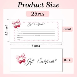 25 Bow Cherry Gift Certificates for Business, Pink Blank Gift Certificate for Salon Spa Restaurants Marriage, Birthday Christmas Custom Client Vouchers, 3.5 x 8 Inch-07