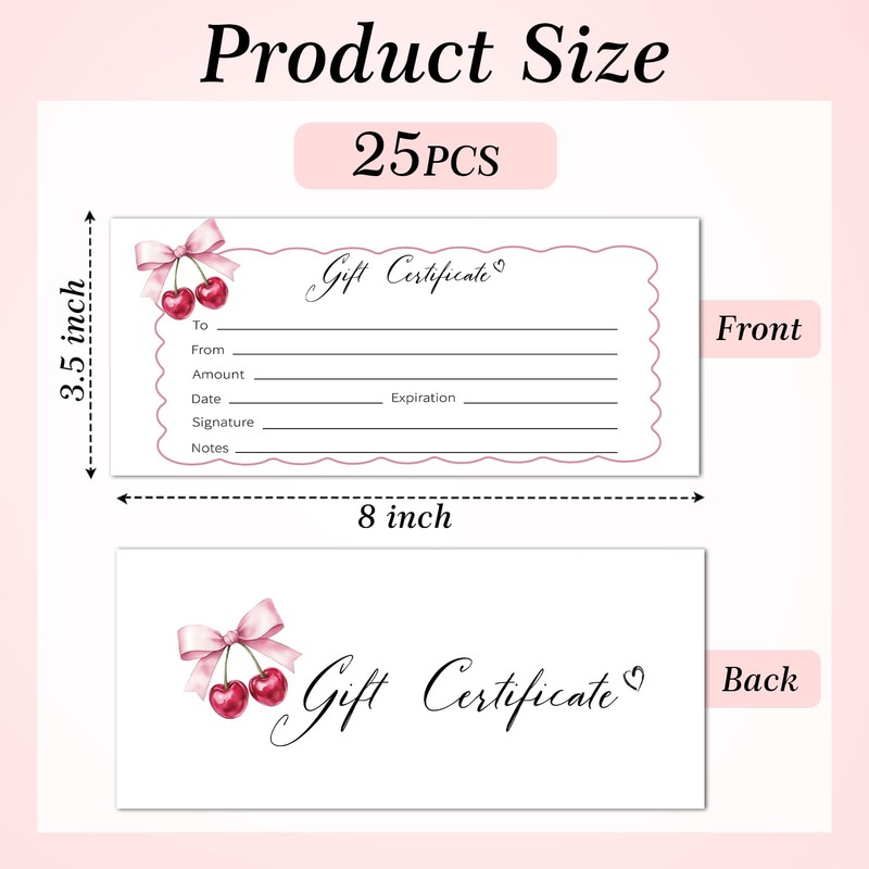 25 Bow Cherry Gift Certificates for Business, Pink Blank Gift