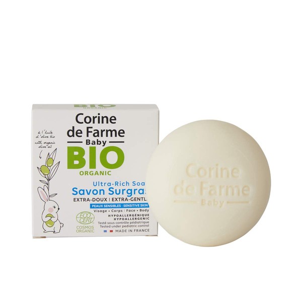 Corine de Farme - Savon Solide Surgras Bio pour Bébé Extra-Doux à l'Huile d'Olive pour Corps/Visage/Cheveux, Certifié Bio Ecocert - Fabrication 100% Française