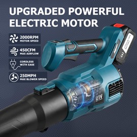 Cordless Leaf Blower with 2 Batteries Operated 21V Large Capacity, 3 Types of Nozzles, 450 CFM Electric Hand Leaf Blower Lightweight for Lawn Care, Blowing Leaves or Snow