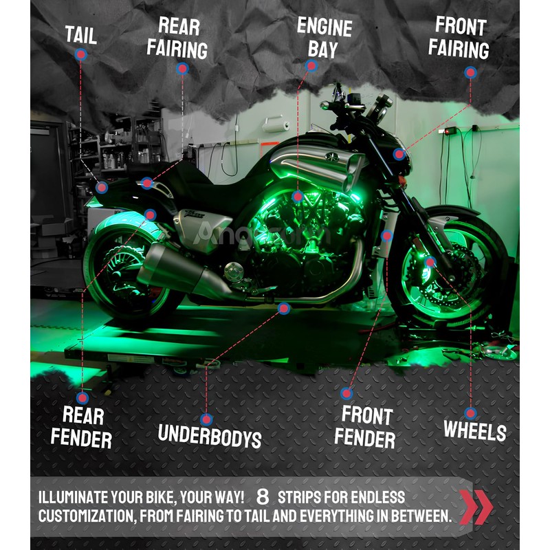 8pcs Motorcycle Underglow LED Strip Light Kit Waterproof RGB Neon
