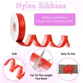 Boutigem 1 Inch Red Half Satin and Organza Ribbon, Valentines Ribbons for Gift Wrapping, Red Craft Ribbon for Decoration, Satin Ribbons for Floral Bouquet Wedding Wreaths Invitations Bowknot Decor