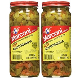 Marconi Hot Giardiniera, Chicago Style Vegetable Mix with Peppers, Carrots, Cauliflower, Celery Gherkins, Bulk Jar, 16oz, (2pack)