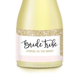 BRIDE TRIBE Mini Champagne & Wine Bottle Labels, Pop the Bubbly & CHEERS to the Bride! Set of 20 Sparkly Pink & Gold WATERPROOF Stickers, Bachelorette Brunch, Engagement Hen Party, Favors, Gift Bags