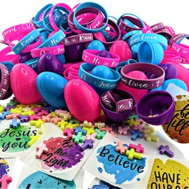 Easter Egg Set | 100 Pack | Alive Edition | Blue - Pink - Purple Eggs (100) | Silicone Bracelets - Child Size - Small 2yr - 12yr Wrist (100) - | Mini Cross Penant (100) | Sticker (100)