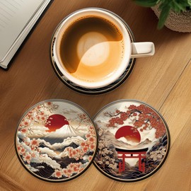 ANATTASOUL 9 Pcs Wood Coasters Sets for Drinks Japanese Pattern Colorful Wooden Cup Mat for Coffee Table Decor, 3.9" Desk Coasters for Home, Apartment, Office, Bar