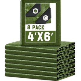 GliCraft 8 Pack 4 x 6 ft 5.5 Mil Small Tarps Heavy Duty Waterproof Tarp Multi Purpose Tent Cover for Home Boats Cars Camping Patio Furniture Roof Emergency Rain Protective Cover, Army Green