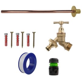 Brass Snap-On Bib Tap Outdoor Basic Tap Kit 1 with Black/Green Hose Connector - Comes with ½” Brass Bib Tap, Wall Plate, Screws, Wall Plugs & PTFE Tape for Outdoor Water Access