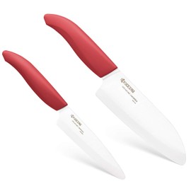 Kyocera Revolution Series 2-Piece Ceramic Knife Set: 5.5-inch Santoku Knife and a 4.5-inch Utility Knife, Red Handles with White Blades