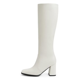 Modatope White Knee High Boots Women Chunky Heel Square Toe Tall Boots for Women High Heel Side Zipper Womens Heeled Tall Boots Size 7.5