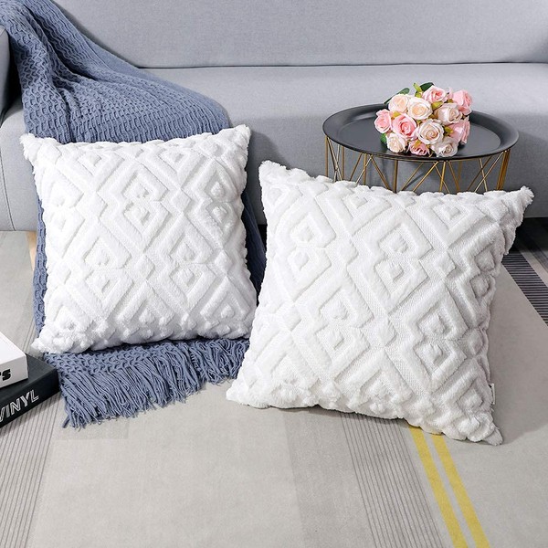 OTOSTAR Cushion Covers 40x40cm Nordic Set of 2 Short Wool Velvet Stylish Cute Soft Pattern Diamond Modern Home Decorative Sofa Cushion Cover Cushion Case (White, 40x40)