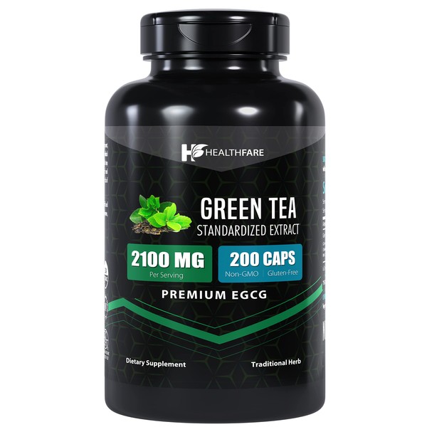 Healthfare ECGG Green Tea Extract | 200 Capsules | Standardized to Contain 50% EGCG, 98% Polyphenols and 80% Catechins | Herbal Supplement Pills