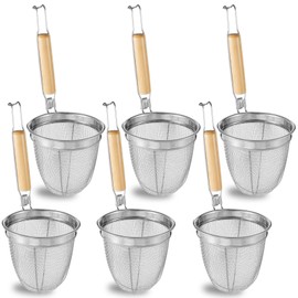 6 Pcs Stainless Steel Pasta Strainer Basket,5.5x5.5x13.7 inches Noodle Strainer with Wood Handle Mesh Spider Pasta Basket for Boiling Frying Food