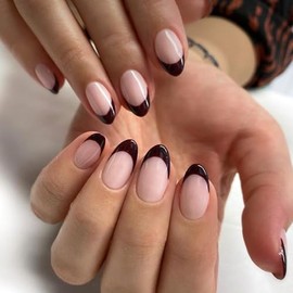 Fall Press on Nails Almond Short Brown Fake Nails Short French Tip False Nails with Designs Acrylic Autumn Glue on Nails Glossy Artificial Nail Thanksgiving Day Stick on Nail for Women 24Pcs