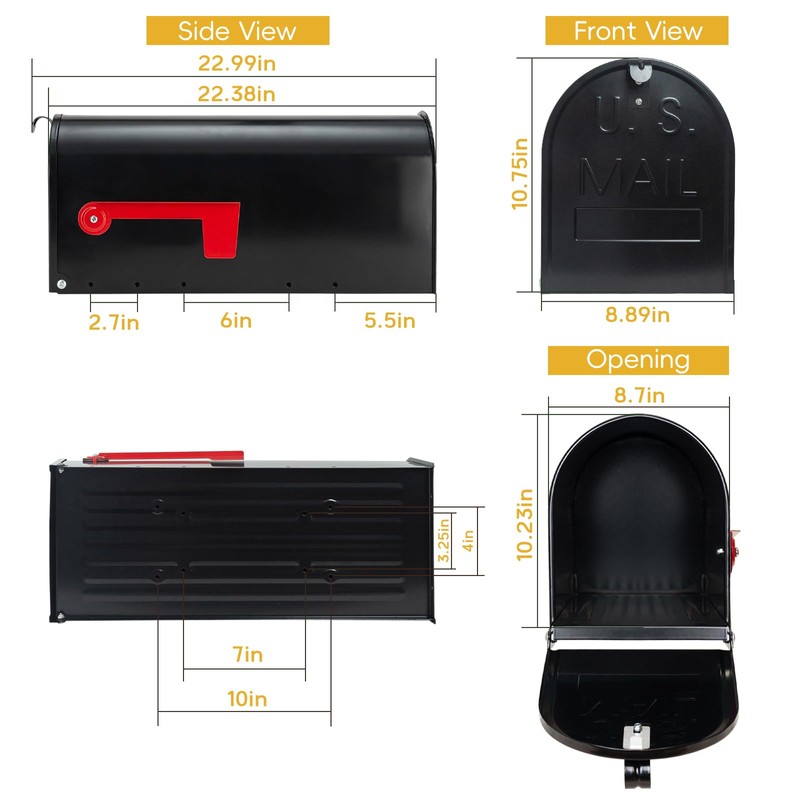 BlissBoard Large Black Galvanized Steel Mailbox 22 x 10.7 x