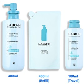 L.A.B.O-H Dandruff & Hair-Luss Care Shampoo Set - 400ml, Refill 400ml, & 180ml - Cica, Ceramide & 5 Hyaluronic Acids for Sensitive Scalps, Soothing Hydration - Dandruff Shampoo for Men & Women