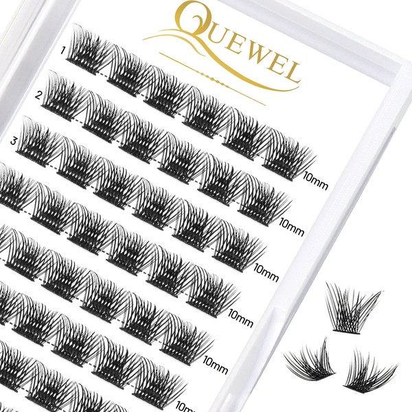 QUEWEL Individual Eyelashes, Individual Eyelash Clusters, Lashes, Natural Matt, Mega C Curl, 10 mm, Lash Segments, Wide Base, for Eye Make-Up, DIY Eyelash Extension, Fluffy-C-10 mm