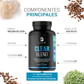Clear Blend de 90 cápsulas. Ingredientes naturales: Hongo Melena de León, Bacopa, L-Tirosina, L-Teanina, Vitamina B1, Semilla de Uva Roja y Vitamina B