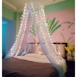 Eimilaly Two-tone Bed Canopy Mosquito Net White Blue with 250pcs Warm Lights, Bed Canopy for Girls Room Decor, Single Door