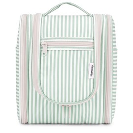 Travel Hanging Toiletry Wash Bag Makeup Cosmetic Organizer for Women (Mint Green Stripe (Medium))
