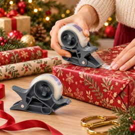 2-Piece Tape Dispenser Clips for Gift Wrapping – Gray ABS Tabletop Tape Cutters for Christmas Presents & Craft Projects