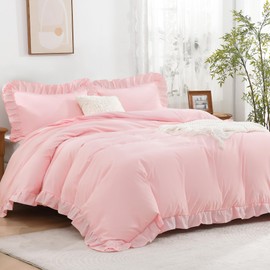 Andency Pink Ruffle Duvet Cover Twin(66x90Inch), 2 Pieces Blush Ruffled Farmhouse Shabby Chic Duvet Cover for Girls Kids Women, Soft Microfiber Duvet Cover Set with Zipper Closure & Corner Ties