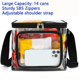 FlowFly Insulated Reusable Lunch Bag Adult Large Lunch Box for Women and Men with Adjustable Shoulder Strap,Front Zipper Pocket and Dual Large Mesh Side Pockets, Clear