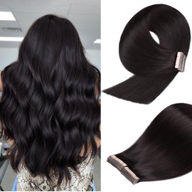 YDDM Tape-In Real Hair Extensions, 20 Pieces, 50 cm, 50 g, Natural Black Invisible Tape Extensions, Real Hair Tape Extensions, Skin Weft Hair Extensions (20 Inches, 1B#)