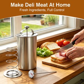 Jiuzhoudeal Deli Meat Press Mold with Thermometer, Stainless Steel Lunch Meat Press Mold, Ham Maker Meat Press Tool with Silicone Brush&Mittens, for Making Homemade Healthy Delimeat, Lunchmeat