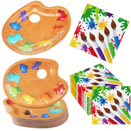 Poen 100 Pcs Art Birthday Party Supplies, Painting Party Tableware Decorations Colorful Artist Paint Splatter Paper Dessert Plates Art Plates and Napkins for Paint Birthday Art Party, Serves 50
