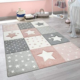 Kids Rug for Nursery Checkered with Dots & Stars in Pink White Grey, Size: 5'3" x 7'7"