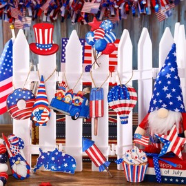 Karenhi 36 Pcs 4th of July Patriotic Ornaments for Tree Wooden Memorial Day Decorations Red White Blue Hanging Ornament America Star Gnome Wood Cutout Independence Day Decor for Home Tree(Stylish)