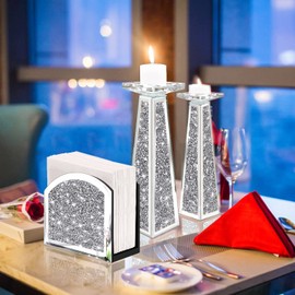 Wocred Mirror Napkin Holder,Crystal Crushed Diamond Vertical Holder,Cute Glass Mirror Napkin Holder for Counter or Table.(5.9”X5.9”X3”)