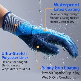 PROGANDA 2 Pairs of Waterproof Work Gloves, Garden Gloves, Protective Gloves, Double Latex Coated Gloves for Garden, Yard, Outdoor Work