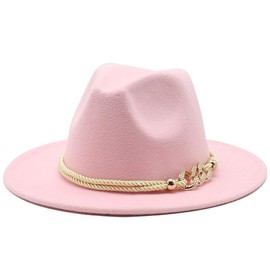 Pink Fashion Wide Brim Felt Fedora Hat with 3-Ring Buckle Belt Adjustable Church Dress Panama Hat for Women Men