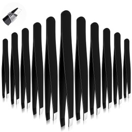 Tweezers for Eyebrows, 12 Pcs Eyebrow Tweezers Set Stainless Steel Slant Tip Tweezer Bulk Brow Tweezer for Women Men Facial Hair, Black