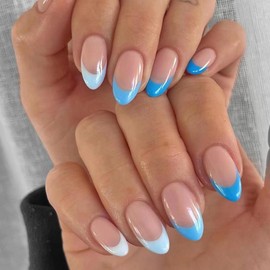 Blue French Tip Press on Nails Almond Fake Nails Medium False Nails Press ons with Designs Reusable Acrylic Nails Full Cover Glue on Nails Artificial Stick on Nails for Women Manicure 24Pcs