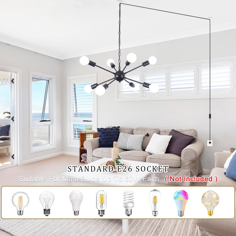 8 Lights Plug in Chandelier Black Hanging Lamp Plug-in Pendant