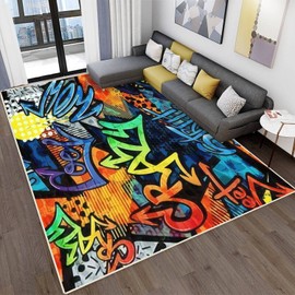 Modern Abstract Area Rugs for Living Room Kitchen Bedroom Abstract Bright Graffiti Pattern with Bricks Paint Drips Words in Bathroom Rugs Stain Resistant Carpet Mat Pad Rectangular Home Decor
