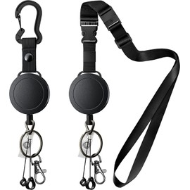 Heavy Duty Retractable ID Badge Holder Key Reel with Adjustable Neck Lanyard, Zinc Alloy Carabiner, Key Ring, ID Badge Strap, 2 Pen Holders and Lobster Clip, Hold Up to 15 Keys (Black, Pack of 1)