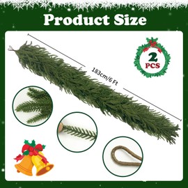 6 Ft 2 Pcs Artificial Norfolk Pine Garland, Real Touch Green Faux Greenery Garland for Christmas Table, Mantle, Wall, Fireplace, Indoor Outdoor Holiday Decor