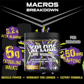 SCI-MX - X-PLODE Pre-Workout - 300g - Blackcurrant Flavour - 250mg Caffeine, 6g Citrulline Malate, 3.2g Beta Alanine / serving - Suitable for Vegetarians + Vegans