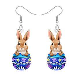 NEWEI Acrylic Easter Egg Gifts Cute Bunny Rabbit Earrings Hare Animal Hypoallergenic Dangle Jewellery for Women Festival Party Decorations (Blue)
