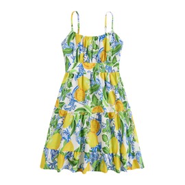 COZYEASE Girls' Floral Print Ruched Bust Ruffle Hem Sleeveless High Waist Cami Dress Boho Short Dresses Yellow Blue 11 Years
