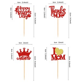 Ercadio Paquete de 24 decoraciones para cupcakes del día de la madre con purpurina roja "I Love Mom" para magdalenas de agradecimiento a mamá para el día de la madre, suministros de decoración de pasteles