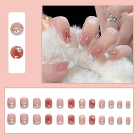 Pack of 24 Square False Nails Short, French Tip Press On Nails Square Artificial Nails for Sticking, False Nails Full Cover False Nails with Rhinestone Design for Women and Girls